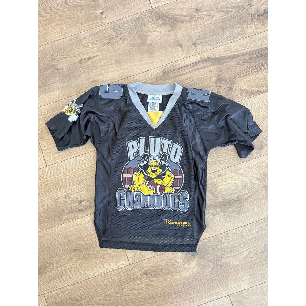 DISNEYLAND S Vintage Pluto Guard dogs Football Jersey VTG black mesh embroidered